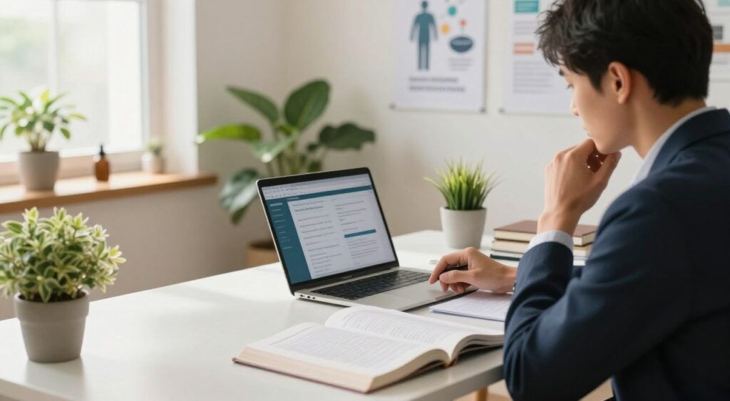 A serene, bright workspace depicting a person engaged in self-diagnosis. In the foreground, a focused individual in professional attire is seated at a modern desk, surrounded by open medical textbooks and a laptop displaying health-related information. The middle ground shows several plants adding a touch of nature, while a wall adorned with inspirational health posters sets an encouraging atmosphere. In the background, a window allows soft, natural light to filter in, casting a warm glow across the scene. The mood is thoughtful and introspective, evoking a sense of empowerment through knowledge and self-awareness. The angle is slightly elevated, capturing both the subject’s concentration and the inviting space around them, creating an atmosphere of calm and exploration.