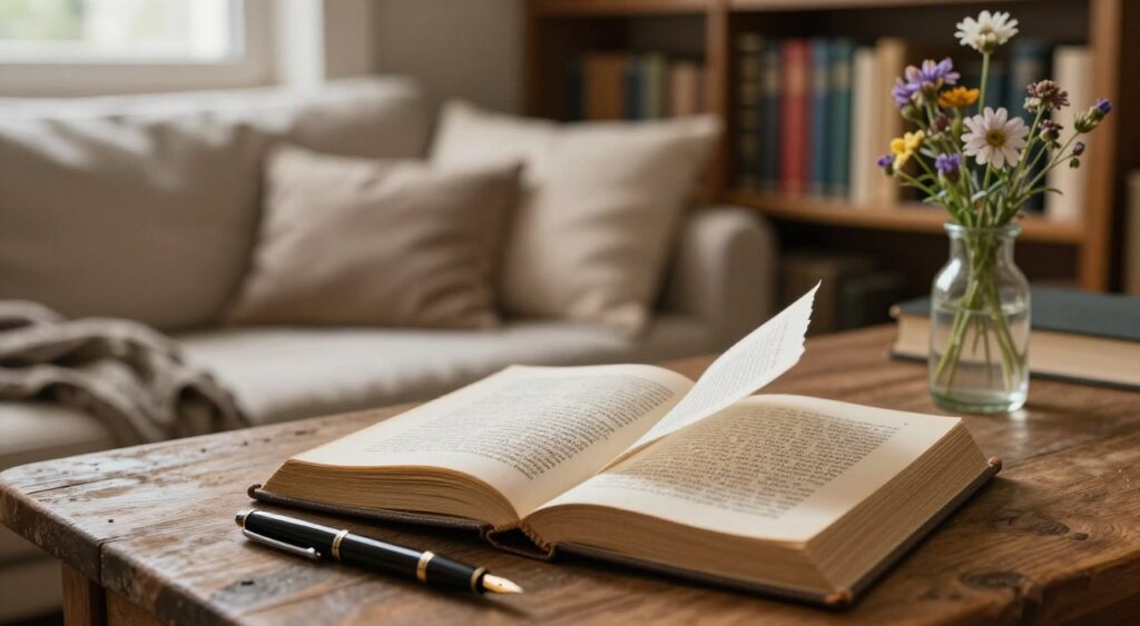 A serene, contemplative scene capturing the essence of "that" in literature and poetry. In the foreground, an open antique book lies on a rustic wooden table, its pages fluttering gently in a soft breeze, revealing poetic verses intertwined with intricate typewriter-style fonts. A fountain pen rests beside the book, glistening in the warm, ambient light. In the middle ground, a cozy reading nook with plush cushions and soft throws invites one to explore the depths of literature, while a delicate vase holds fresh wildflowers, symbolizing creativity and inspiration. The background features a softly lit bookshelf lined with classic literary works, their spines rich in color. The mood is tranquil, nurturing a deep sense of exploration and reflection amidst the enchanting atmosphere. Utilize soft natural lighting with a shallow depth of field to enhance the focus on the book and details within the scene.