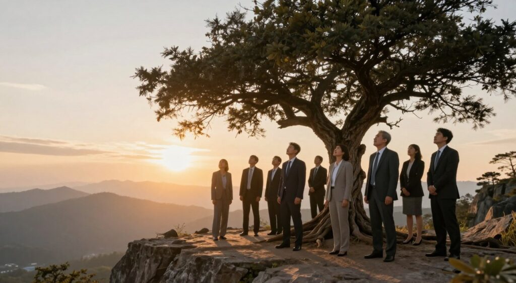 A serene landscape depicting a sturdy, ancient tree on a rocky cliff, symbolizing resilience and growth against the odds. In the foreground, a diverse group of individuals in professional business attire, gathered around the tree, each looking upward with expressions of determination and inspiration. The middle ground features a vibrant sunrise casting warm, golden light on the scene, highlighting their faces and creating long shadows that extend towards the horizon. In the background, distant mountains and soft clouds suggest vast possibilities, capturing the essence of embracing challenges. The overall mood is uplifting and empowering, illustrating the concept of growth mindset as an opportunity for development and success. The composition should utilize a lens that accentuates depth, creating an inviting atmosphere of optimism and encouragement.