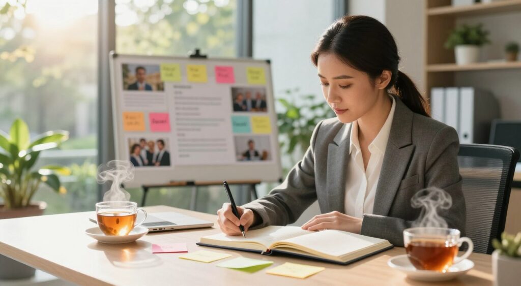 A serene office environment bathed in warm, natural light, depicting a professional woman in a tailored business outfit, seated at a modern desk, deeply focused on writing goals in a large, open notebook. In the foreground, a close-up of colorful sticky notes listing various aspirations, flanked by a steaming cup of herbal tea, symbolizes clarity and intention. The middle-ground features a large vision board filled with images representing success, inspiration, and determination. In the background, large windows reveal a lush garden, symbolizing growth and potential, while soft sunlight filters through, creating a calm, motivating atmosphere. The overall mood is one of empowerment, focus, and ambition, inviting viewers to engage in their own goal-setting journey.