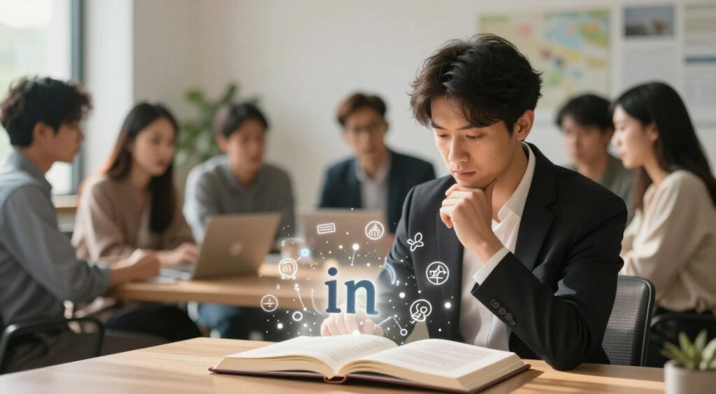 A serene office environment representing the psychological effects of the word "in." In the foreground, a thoughtful individual, dressed in professional attire, gazes at abstract symbols and patterns emerging from an open book. These symbols symbolize concepts such as inclusion, connection, and understanding. In the middle ground, a diverse group of people engage in collaborative discussions, their faces reflecting curiosity and engagement. The background features soft, warm tones with blurred images of nature and integration, symbolizing harmony and subconscious connections. Natural light softens the scene, casting gentle shadows, while a shallow depth of field draws attention to the central figure. The overall mood is one of introspection and insight, inviting the viewer to explore the transformative power of language.