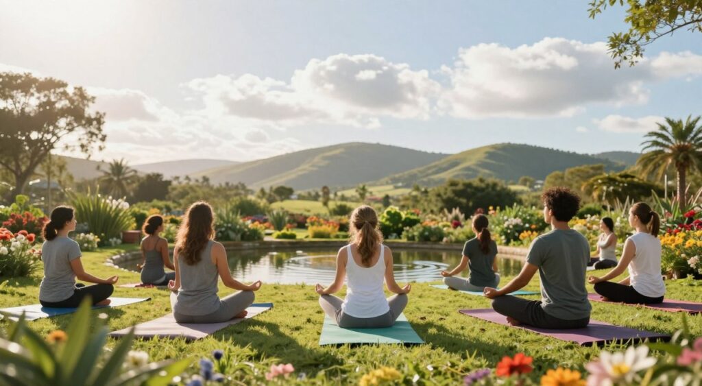 A serene outdoor setting illustrating mindfulness and meditation practices. In the foreground, a diverse group of individuals in modest casual clothing is practicing yoga in a peaceful garden, surrounded by vibrant flowers and lush greenery. In the middle ground, a calm pond reflects the sky, with gentle ripples suggesting tranquility. The background features softly rolling hills under a bright, sunny sky with fluffy clouds, casting warm, natural daylight onto the scene. The atmosphere is peaceful and uplifting, conveying a sense of inner strength and vitality. Capture a low-angle view to emphasize the connection between nature and meditation while ensuring the focus remains on the individuals and their practices, evoking harmony and wellness.