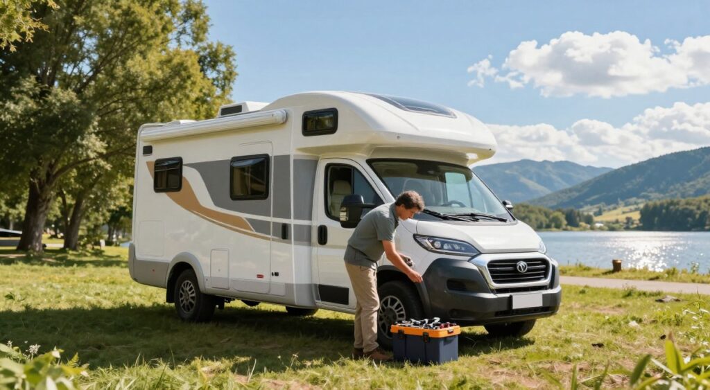 A serene outdoor setting showcasing a well-maintained camping vehicle under a bright blue sky. In the foreground, a middle-aged person in modest casual clothing is inspecting the engine of a camper van, using tools meticulously laid out on a portable toolbox beside them. In the middle, the camping vehicle, a modern RV with a shiny exterior, is parked on a grassy area surrounded by tall trees and distant mountains. The background features a picturesque landscape with a clear lake reflecting the sunlight and a few fluffy clouds. The lighting is bright and natural, capturing the warmth of a sunny day, creating a cheerful and inviting atmosphere focused on maintenance and care.