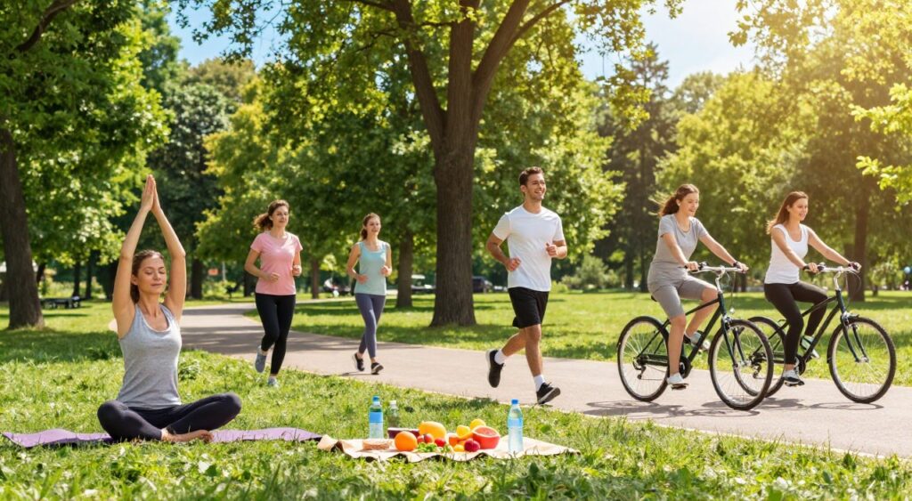 A serene park setting as the backdrop, with lush green trees and clear blue skies. In the foreground, a diverse group of people engaging in healthy activities: a woman practicing yoga in a calm pose, a man jogging with a smile, and another couple cycling together on a smooth path. They are all dressed in comfortable, modest activewear. The sunlight filters through the leaves, creating a warm, inviting glow. In the middle ground, a picnic scene features vibrant fruits, whole grains, and water bottles, emphasizing wholesome nutrition. The atmosphere is bright and inspiring, symbolizing vitality and a commitment to healthy living. Use a wide-angle lens to capture the energy and connection among the individuals, highlighting the concept of developing healthy habits in a joyful, uplifting manner.