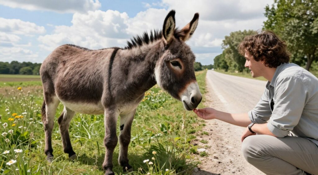 A serene roadside scene featuring a curious donkey interacting gently with a visitor. In the foreground, the donkey stands with its ears perked up, displaying its inquisitive nature, while the visitor, dressed in modest casual clothing, crouches down with an outstretched hand, offering a treat. The middle ground includes lush green grass and a few wildflowers, symbolizing the natural environment. The background showcases a dusty dirt road lined with trees, under a bright blue sky with fluffy white clouds, suggesting a beautiful day. Soft sunlight bathes the scene, casting gentle shadows, creating a warm and inviting atmosphere that emphasizes safety and respect in interactions with donkeys. A serene roadside scene featuring a curious donkey interacting gently with a visitor. In the foreground, the donkey stands with its ears perked up, displaying its inquisitive nature, while the visitor, dressed in modest casual clothing, crouches down with an outstretched hand, offering a treat. The middle ground includes lush green grass and a few wildflowers, symbolizing the natural environment. The background showcases a dusty dirt road lined with trees, under a bright blue sky with fluffy white clouds, suggesting a beautiful day. Soft sunlight bathes the scene, casting gentle shadows, creating a warm and inviting atmosphere that emphasizes safety and respect in interactions with donkeys.