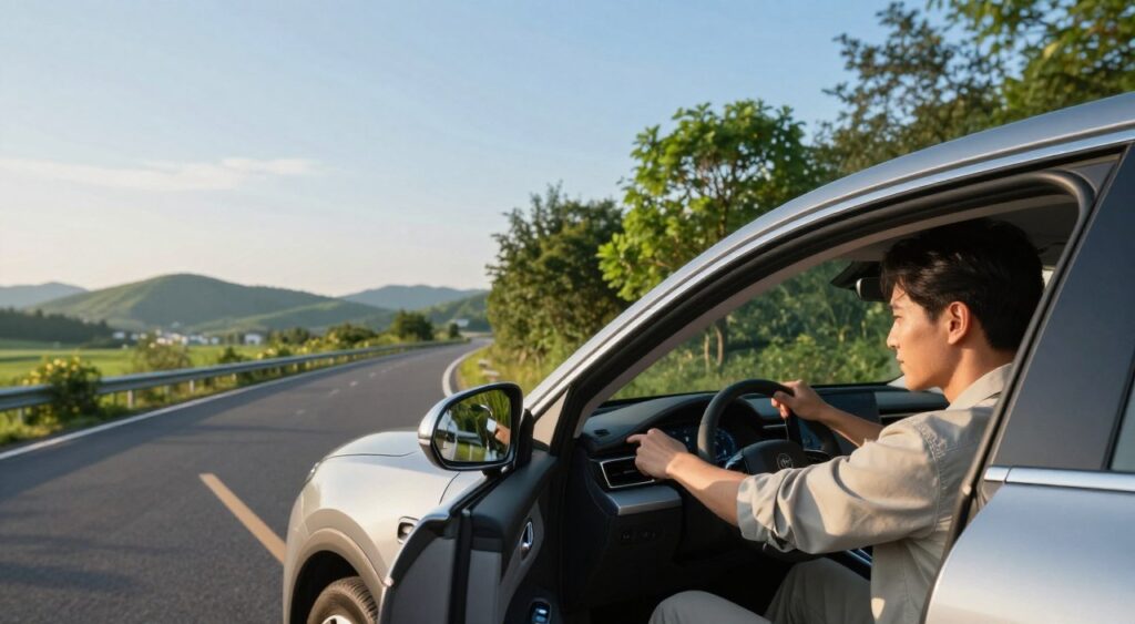 A serene setting showcasing a fuel-efficient car on a winding road, surrounded by lush green landscapes under a clear blue sky. In the foreground, a focused driver in smart casual attire is adjusting their speed, maintaining a smooth and steady pace. The middle ground features vibrant trees and a scenic view that enhances the sense of efficiency and harmony with nature. In the background, rolling hills gradually fade into the horizon, suggesting long-distance travel benefits of good driving techniques. Soft, warm lighting casts a gentle glow on the scene, highlighting the car's sleek design and emphasizing the tranquility of eco-conscious driving. The atmosphere is calm and encouraging, conveying a sense of purpose for fuel efficiency while inviting viewers to adopt better driving habits. A serene setting showcasing a fuel-efficient car on a winding road, surrounded by lush green landscapes under a clear blue sky. In the foreground, a focused driver in smart casual attire is adjusting their speed, maintaining a smooth and steady pace. The middle ground features vibrant trees and a scenic view that enhances the sense of efficiency and harmony with nature. In the background, rolling hills gradually fade into the horizon, suggesting long-distance travel benefits of good driving techniques. Soft, warm lighting casts a gentle glow on the scene, highlighting the car's sleek design and emphasizing the tranquility of eco-conscious driving. The atmosphere is calm and encouraging, conveying a sense of purpose for fuel efficiency while inviting viewers to adopt better driving habits.