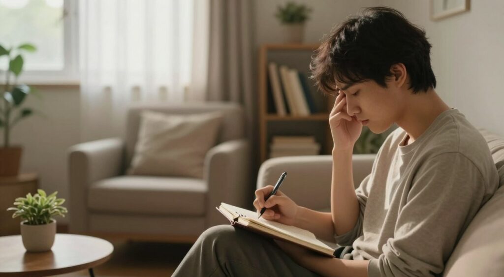 A serene, softly-lit room with warm, neutral colors that evokes a sense of calm and reflection. In the foreground, a thoughtful individual, dressed in modest casual clothing, is seated with a notebook and a pen, examining their own feelings as they write. The middle layer features a cozy armchair, a small table with a plant, and a shelf filled with mental health books. In the background, there's a gentle window light filtering through sheer curtains, enhancing the peaceful atmosphere. The image conveys introspection and self-awareness, emphasizing the importance of self-reflection in mental health. Soft shadows add depth, while a slight depth of field focuses on the individual, evoking a mood of contemplation and personal growth.