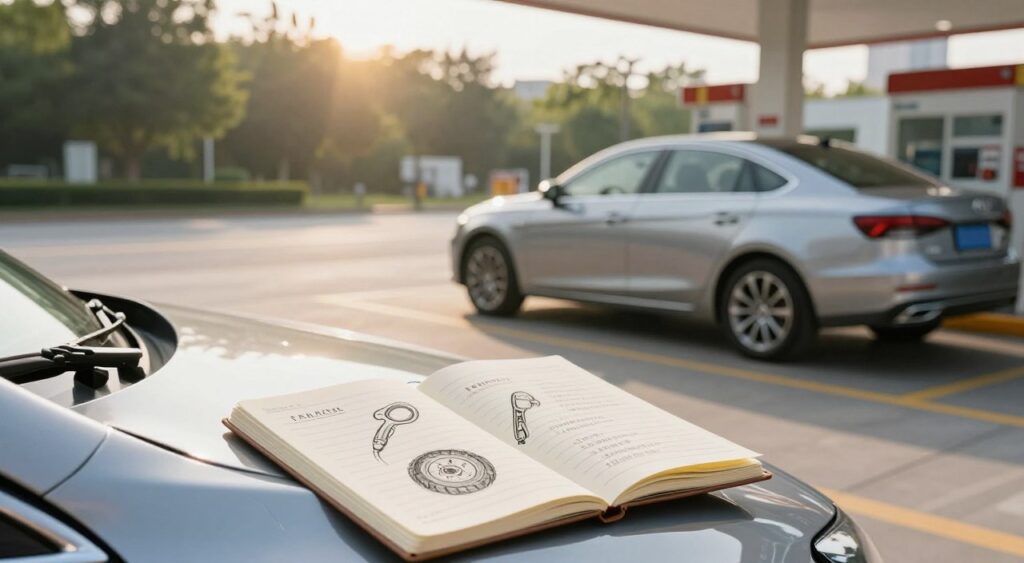 A serene, well-maintained roadway scene showcasing a car parked at a gas station, emphasizing fuel efficiency tips for vehicle owners. In the foreground, a notebook lies open on the hood of the car, displaying sketches of fuel-saving tips like tire pressure checks and regular maintenance schedules. The middle ground features a family-friendly sedan with a clean, polished exterior, highlighting its eco-friendly design. In the background, soft sunlight filters through trees lining the road, creating a warm, inviting atmosphere. The image captures a sense of tranquility and preparedness, with a focus on practicality and responsibility towards vehicle care and fuel efficiency. Use a wide-angle lens to emphasize the environment, ensuring a balanced composition without any text or clutter.