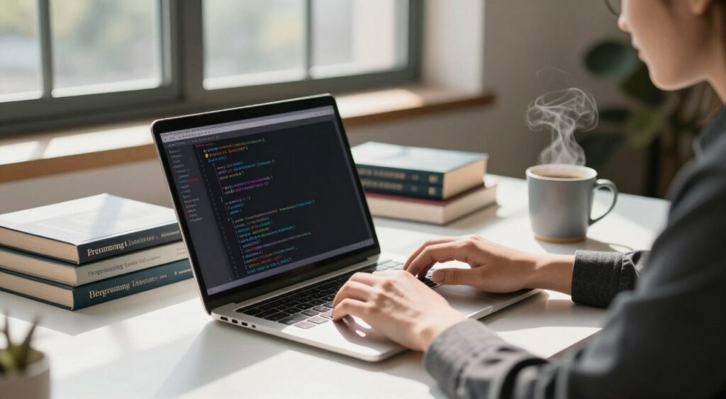 A serene workspace featuring a sleek modern desk adorned with a laptop displaying lines of C code on the screen. In the foreground, a pair of hands, clad in professional business attire, actively typing on the keyboard. The middle ground showcases neatly organized coding books on programming languages, alongside a coffee mug steaming gently, exuding warmth and focus. In the background, a large window allows natural sunlight to pour in, casting soft shadows and illuminating the room with a calm, productive atmosphere. The mood is one of inspiration and determination, reflecting the integration of programming into daily life. The lighting is bright yet soft, aimed at creating an inviting, energizing environment for creativity and learning.