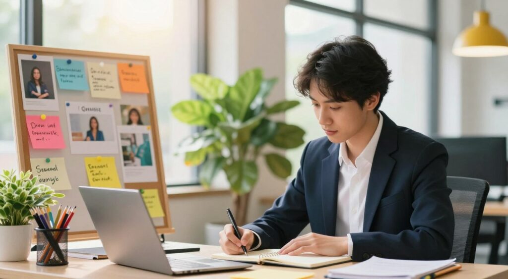 A serene workspace infused with vibrant colors that evoke positivity. In the foreground, a focused individual, dressed in professional business attire, sits at a desk, jotting down ideas in a notebook. Their expression radiates determination and enthusiasm. In the middle ground, a lush green plant and an inspiring vision board featuring uplifting images and quotes enhance the atmosphere. The background features large windows that let in warm, natural light, illuminating the space and creating a sense of openness. Soft bokeh effects on the edges add depth to the image. The entire composition conveys a sense of hope and productivity, encapsulating the essence of cultivating a positive mindset.