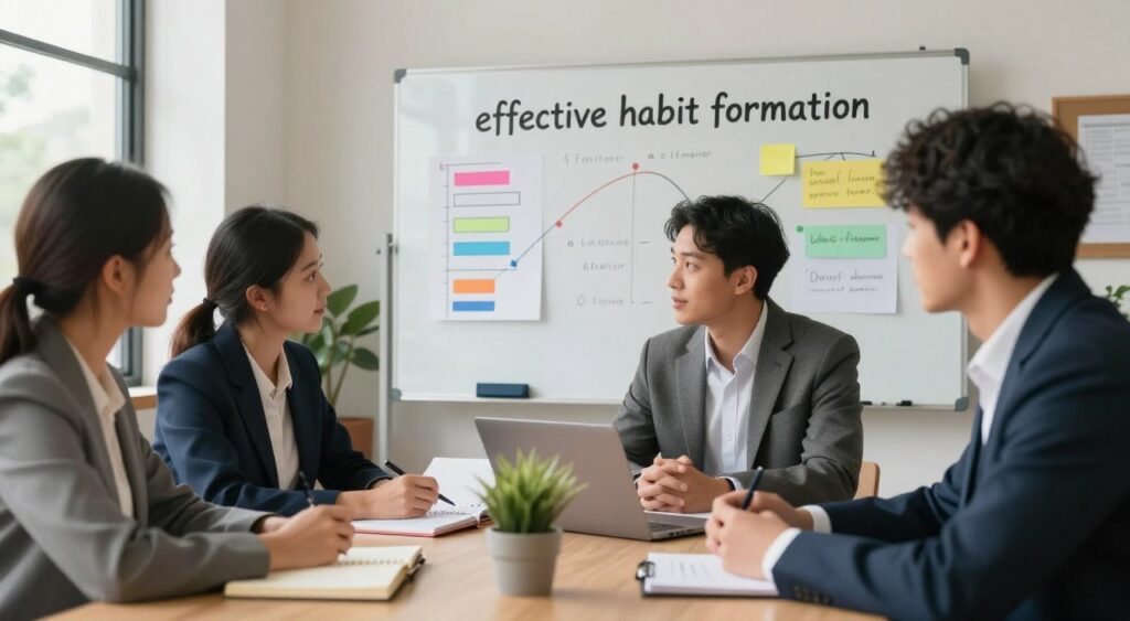 A serene workspace scene depicting the concept of "effective habit formation." In the foreground, a diverse group of three individuals in professional business attire engaged in focused discussions around a table filled with notebooks, planners, and a potted plant. The middle ground features a large whiteboard filled with colorful charts and positive affirmations, symbolizing growth and progress. In the background, large windows provide warm, natural light, illuminating the room and creating a motivating atmosphere. The overall mood is inspiring and collaborative, showcasing the journey of personal growth and the power of establishing positive habits. The image is framed with a slight lens blur to emphasize the subjects and atmosphere, with a balanced composition that invites viewers to reflect on their own habits.