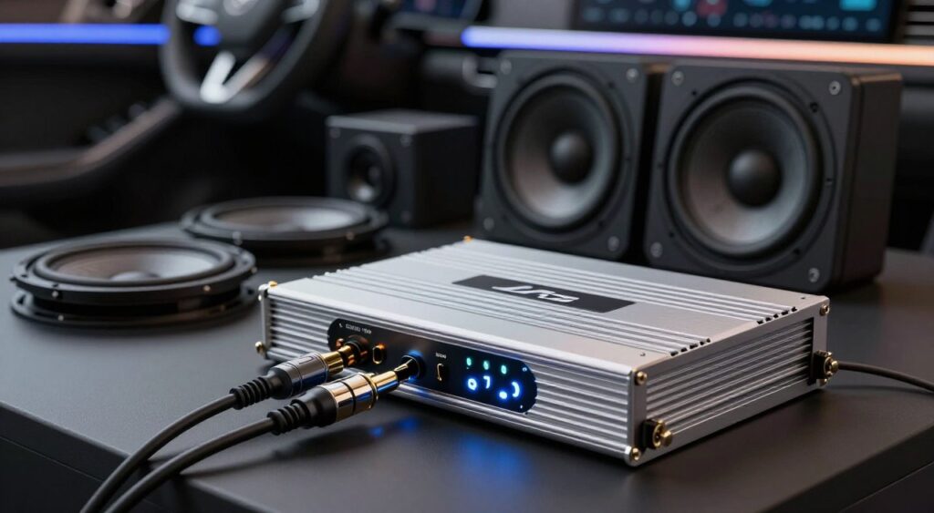 A sleek and modern car audio amplifier prominently featured in the foreground, showcasing its polished metal finish and illuminated LED lights for a high-tech vibe. The amplifier is slightly angled to highlight its controls and design details, with a pair of high-quality RCA cables neatly connected. In the middle ground, display a variety of related car audio equipment such as speakers and subwoofers, slightly blurred to keep the focus on the amplifier. The background features a subtly lit car interior, hinting at luxury and sophistication, creating a mood of high-performance sound quality. Use soft, ambient lighting to emphasize the sleek designs and textures, with a shallow depth of field to create a dynamic visual appeal. The angle should be slightly elevated, giving a comprehensive view of the setup without any distractions.