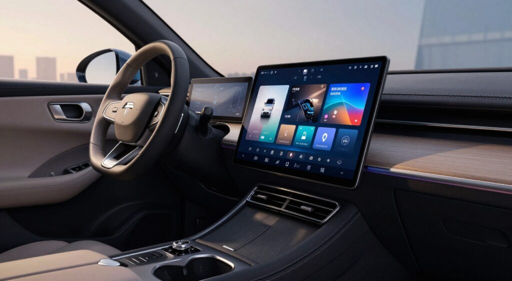 A sleek and modern luxury car infotainment system, prominently displayed in the foreground with a high-resolution touchscreen dashboard. The screen showcases advanced navigation, media controls, and vehicle diagnostics, featuring vibrant graphics and an intuitive interface. The middle ground includes a luxurious leather interior with ambient lighting, highlighting the craftsmanship and attention to detail typical in high-end vehicles. The background reveals a hint of a cityscape through the car’s panoramic window, softly blurred to emphasize the infotainment system. The scene is well-lit, capturing the reflections on the touch display, creating a futuristic and premium atmosphere. The angle is a dynamic three-quarter view, inviting the viewer to explore the innovative technology that enhances the driving experience in luxury vehicles. A sleek and modern luxury car infotainment system, prominently displayed in the foreground with a high-resolution touchscreen dashboard. The screen showcases advanced navigation, media controls, and vehicle diagnostics, featuring vibrant graphics and an intuitive interface. The middle ground includes a luxurious leather interior with ambient lighting, highlighting the craftsmanship and attention to detail typical in high-end vehicles. The background reveals a hint of a cityscape through the car’s panoramic window, softly blurred to emphasize the infotainment system. The scene is well-lit, capturing the reflections on the touch display, creating a futuristic and premium atmosphere. The angle is a dynamic three-quarter view, inviting the viewer to explore the innovative technology that enhances the driving experience in luxury vehicles.