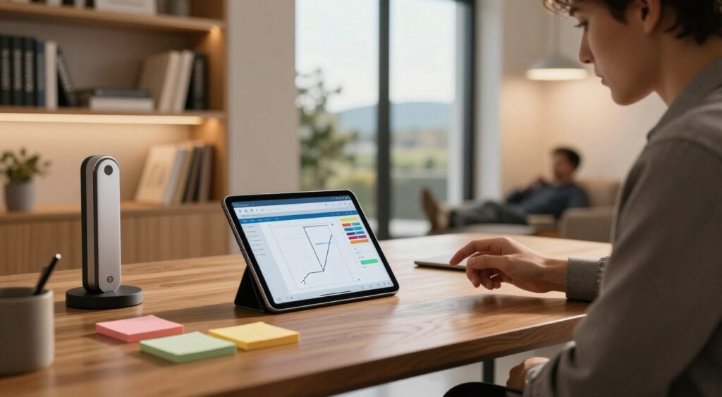 A sleek and modern workspace featuring an assortment of boundary management tools displayed prominently. In the foreground, a polished wooden desk holds a tablet showing interactive boundary management software and a set of colorful sticky notes organized by priority. In the middle ground, a beautiful open window reveals a serene outdoor landscape, adding a touch of nature. In the background, soft shelves lined with professional books on management techniques create a cozy atmosphere. The lighting is warm and inviting, casting soft shadows across the space. A professional individual in business attire, focused yet relaxed, interacts with the tools while contemplating strategies. The overall mood is productive and innovative, encapsulating the essence of effective boundary management.