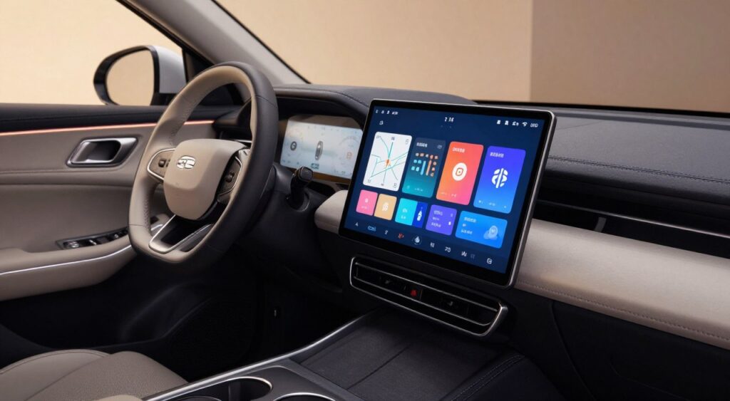 A sleek automotive media center showcased in a modern car interior, featuring a high-resolution touchscreen display with vibrant interface options, nestled within a luxurious dashboard. The foreground captures the detailed touchscreen displaying navigation, music control, and connectivity features, while the middle layer highlights the stylish steering wheel and elegant console design. In the background, the interior is softly illuminated with ambient lighting, creating a welcoming atmosphere, and highlighting plush leather upholstery. The angle is slightly tilted from above to emphasize the innovative technology and user-friendly layout. The mood is sophisticated and cutting-edge, perfect for illustrating the benefits of modern infotainment systems, conveying a sense of innovation and enhanced driving experience.