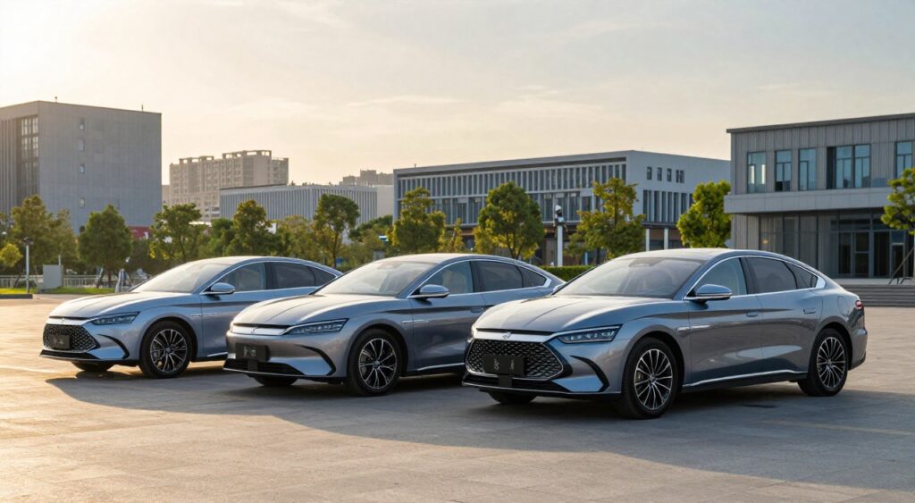 A sleek comparison of three modern, fuel-efficient mid-size sedans parked side by side in a well-lit urban environment. In the foreground, emphasize the details of each vehicle's design, highlighting aerodynamic shapes and eco-friendly features such as hybrid badges and low-resistance tires. The middle ground showcases a bustling cityscape with energy-efficient buildings and greenery, symbolizing sustainability. In the background, a bright sky during golden hour bathes the scene in warm, natural light, creating a hopeful atmosphere. Use a wide-angle lens perspective to capture the entire lineup effectively, with soft shadows to enhance depth. Ensure the image conveys innovation and environmental consciousness, inviting viewers to consider the importance of fuel efficiency in modern sedans.