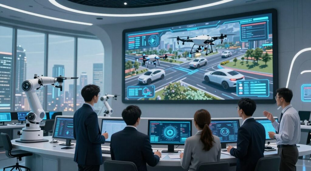 A sleek, futuristic control room featuring advanced autonomous systems technology at the forefront. In the foreground, a diverse group of four professionals in business attire are engaged in discussions, surrounded by holographic displays showcasing real-time data and robotic systems. In the middle ground, a large screen presents a 3D model of various autonomous vehicles, such as drones and self-driving cars, actively analyzing environmental data. In the background, panoramic windows reveal a high-tech city skyline, bathed in soft blue and white lighting that suggests innovation and progress. The scene conveys a mood of collaboration and forward-thinking, emphasizing the limitless potential of autonomous systems. The perspective is slightly low-angle, giving an empowering view of the people and technology, creating a sense of upward movement and optimism.