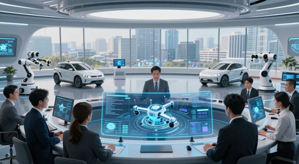 A sleek, futuristic control room filled with advanced technology, featuring a central holographic display showcasing autonomous systems in action. In the foreground, a diverse team of professionals in business attire interact with the hologram, analyzing data with focused expressions. The middle ground displays various autonomous vehicles and robots operating in real time, integrating seamlessly with smart city infrastructure. The background features large windows revealing an urban landscape, bathed in soft natural light, emphasizing a sense of innovation and progress. Use a wide-angle lens effect to enhance depth of field, creating a dynamic atmosphere of collaboration and technological advancement, while maintaining a modern and clean aesthetic.