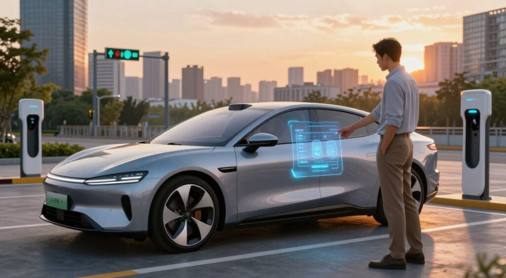 A sleek, futuristic electric car is parked in a modern urban environment, displaying advanced technology features like a holographic dashboard and autonomous driving capabilities. In the foreground, a business professional in smart casual attire is interacting with the car's interface, showcasing the ease of use and innovation. The middle ground features a vibrant cityscape with smart traffic management systems, green technologies, and charging stations. The background presents a sunset skyline, casting warm, inviting light that emphasizes the car's shiny surface and high-tech elements. The atmosphere is optimistic and forward-thinking, highlighting the advantages and excitement of buying a new car with cutting-edge technology.