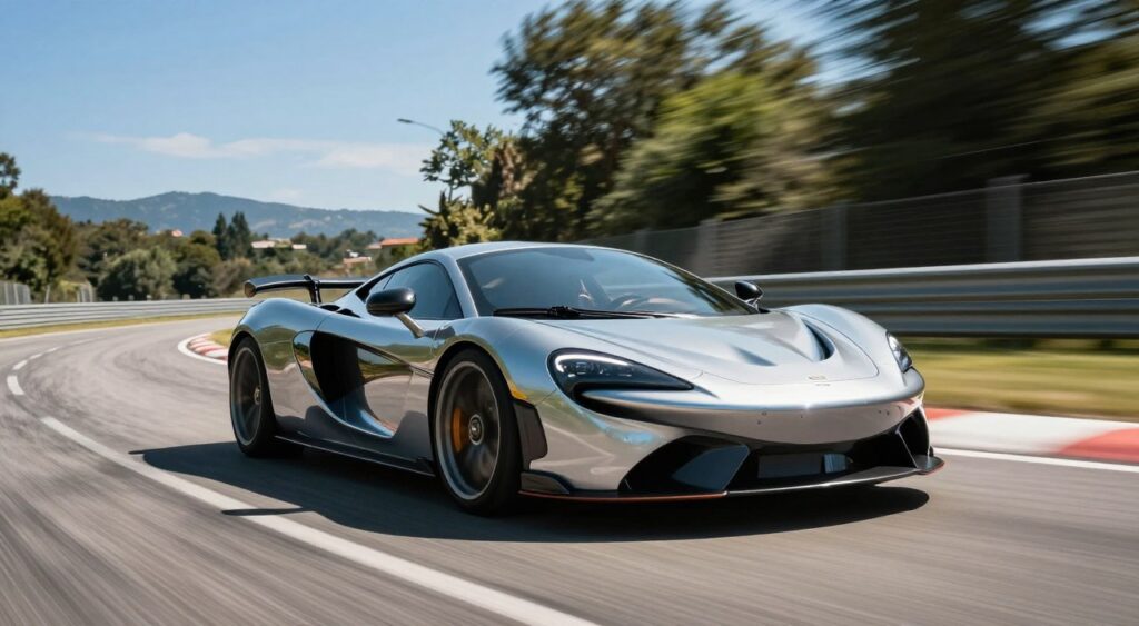 A sleek, high-performance sports car accelerates rapidly on a winding road, showcasing the thrill of speed. In the foreground, the car is depicted in vivid detail with shiny metallic paint reflecting sunlight, its aerodynamic shape emphasizing motion. The middle ground features blurred surroundings of trees and a racetrack, conveying its swift movement, while the background displays a clear blue sky and distant mountains. Bright, dynamic lighting creates an energetic atmosphere, enhancing the chrome accents of the car. The angle is a low perspective, capturing the vehicle's aggressive stance as it emerges from a curve, evoking a sense of power and exhilaration in the viewer.