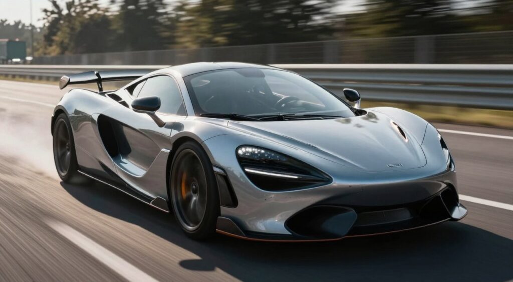 A sleek, high-performance sports car is depicted in motion, emphasizing its aerodynamic design with smooth curves and sharp angles that cut through the air. The foreground features a close-up of the car's streamlined body, highlighting details like the vented hood and low profile. In the middle, a blurred background showcases an open highway or track, with wind streaks visually illustrating the flow of air around the vehicle. The lighting is dramatic, with sunlight glinting off the car's surface, creating a sense of speed and sophistication. The angle is slightly low, enhancing the car's imposing stance. The atmosphere is dynamic and exhilarating, capturing the essence of advanced technologies that enhance acceleration. No human figures are present in the image.