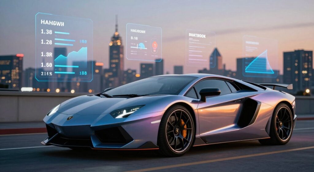 A sleek, high-performance sports car with a radiant metallic finish, emphasizing its aerodynamic design. The car is positioned dynamically in the foreground, showcasing its glistening curves and sharp angles. In the middle ground, detailed specifications like horsepower, torque, and acceleration values float around the vehicle, visually represented with icons and graphs in a modern, tech-inspired style. The background features an urban skyline at dusk, with soft bokeh lights, creating an energetic and sophisticated atmosphere. The scene is illuminated by dramatic, contrasting lighting that highlights the contours of the car, while a low-angle perspective enhances its imposing presence. The overall mood is one of luxury and cutting-edge technology, drawing the viewer into the world of high-performance vehicles.