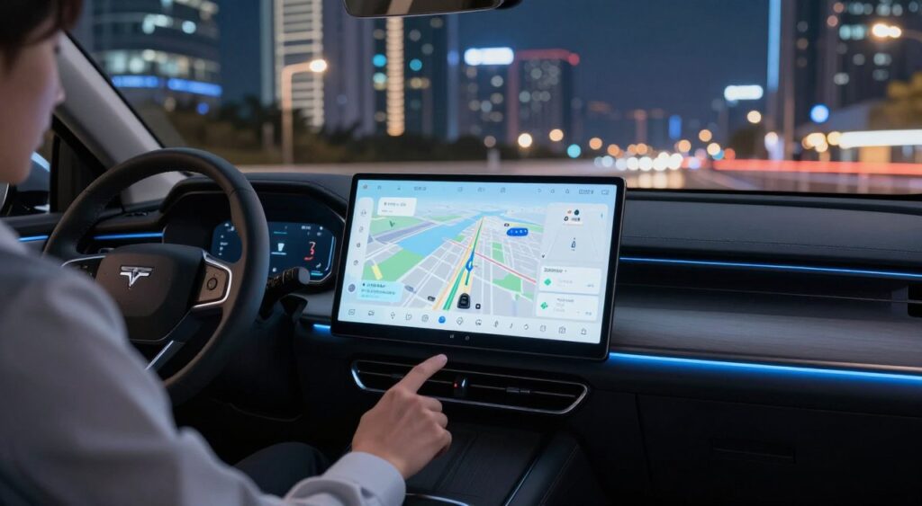 A sleek, high-tech car dashboard with an advanced GPS display at its center, illuminated by soft blue and white LED lights for a futuristic feel. The GPS screen shows a detailed, 3D map with real-time traffic updates and route suggestions, surrounded by minimalist buttons and touchscreen controls. In the foreground, a driver in professional attire, focused and engaged with the interface. The background features a blurred view of an urban landscape with modern skyscrapers and vibrant city lights, suggesting night-time driving. The scene should convey a sense of innovation and sophistication, with a cinematic angle that highlights the dashboard design and GPS technology. Utilize a soft focus on the edges to emphasize the central display, creating a dynamic yet polished atmosphere.