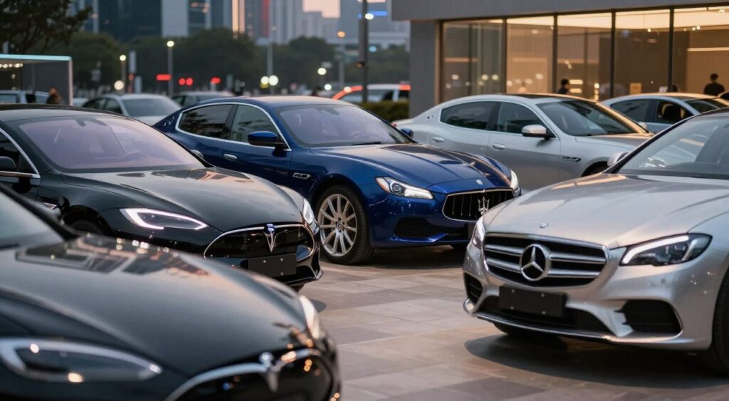 A sleek lineup of luxury cars, showcasing models like a polished black Tesla Model S, a deep blue Maserati Quattroporte, and an elegant silver Mercedes-Benz S-Class, parked in a modern city environment. In the foreground, focus on the shimmering reflections on the car surfaces, with vibrant city lights illuminating them. The middle ground features a sleek, well-maintained showroom setting with glass walls, subtly highlighting the luxurious features and designs of the cars. The background reveals a cityscape at dusk, with soft, ambient lighting. Capture this scene with a shallow depth of field to emphasize the cars in sharp detail, while providing an inviting, upscale atmosphere. The mood should convey opulence and sophistication, suitable for discerning car enthusiasts.
