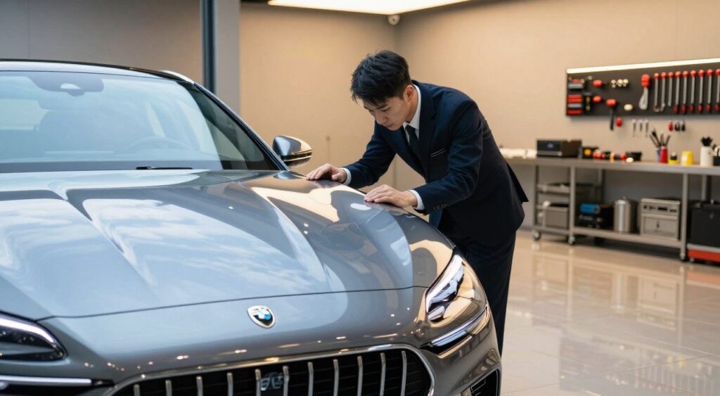 A sleek, luxury car in the foreground, showcasing its polished exterior with reflections of a clear blue sky. The car is parked elegantly in a well-lit premium service garage, with glossy tiles reflecting the ambient lighting. In the middle ground, a professional attendant in business attire is inspecting the car's features meticulously, symbolizing high-quality service. In the background, clearly organized tools and equipment are visible on the walls, indicating a state-of-the-art workshop. Soft, warm lighting creates an inviting atmosphere while emphasizing the attention to detail. The overall mood should convey exclusivity and professionalism, illustrating the premium nature of car service and its impact on resale value.