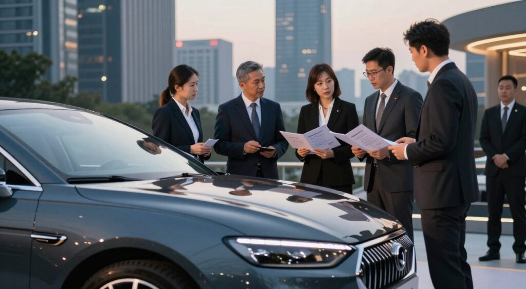 A sleek, luxury car parked elegantly in an upscale urban setting, showcasing its refined design and sophisticated features. In the foreground, highlight the car's polished exterior with glimmers reflecting the surrounding city lights. The middle ground features a professional review panel consisting of individuals in business attire, engaged in a serious discussion about the car, examining a detailed brochure. In the background, a modern skyline with tall buildings and soft evening lighting to create an upscale atmosphere. The scene conveys a mood of refinement and prestige, evoking excitement about luxury car reviews and evaluations. Capture the moment with a shallow depth of field, focusing on the car while softly blurring the background to emphasize the reviews.