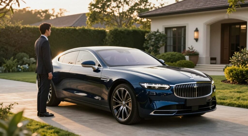 A sleek luxury car parked elegantly on a glossy driveway, with the sun reflecting off its polished surface, showcasing deep, rich colors like navy blue or metallic silver. In the foreground, a well-dressed individual in professional attire is admiring the vehicle, adding a human touch. The middle ground features lush greenery and manicured landscaping, emphasizing the affluent lifestyle associated with luxury cars. In the background, an upscale home can be seen, adding to the luxurious ambiance. The scene is illuminated by soft, golden hour lighting, creating a warm and inviting atmosphere, while the camera is positioned at a slightly low angle to highlight the car’s impressive stature. The image conveys a sense of aspiration and sophistication, perfectly capturing the essence of owning a luxury car. A sleek luxury car parked elegantly on a glossy driveway, with the sun reflecting off its polished surface, showcasing deep, rich colors like navy blue or metallic silver. In the foreground, a well-dressed individual in professional attire is admiring the vehicle, adding a human touch. The middle ground features lush greenery and manicured landscaping, emphasizing the affluent lifestyle associated with luxury cars. In the background, an upscale home can be seen, adding to the luxurious ambiance. The scene is illuminated by soft, golden hour lighting, creating a warm and inviting atmosphere, while the camera is positioned at a slightly low angle to highlight the car’s impressive stature. The image conveys a sense of aspiration and sophistication, perfectly capturing the essence of owning a luxury car.