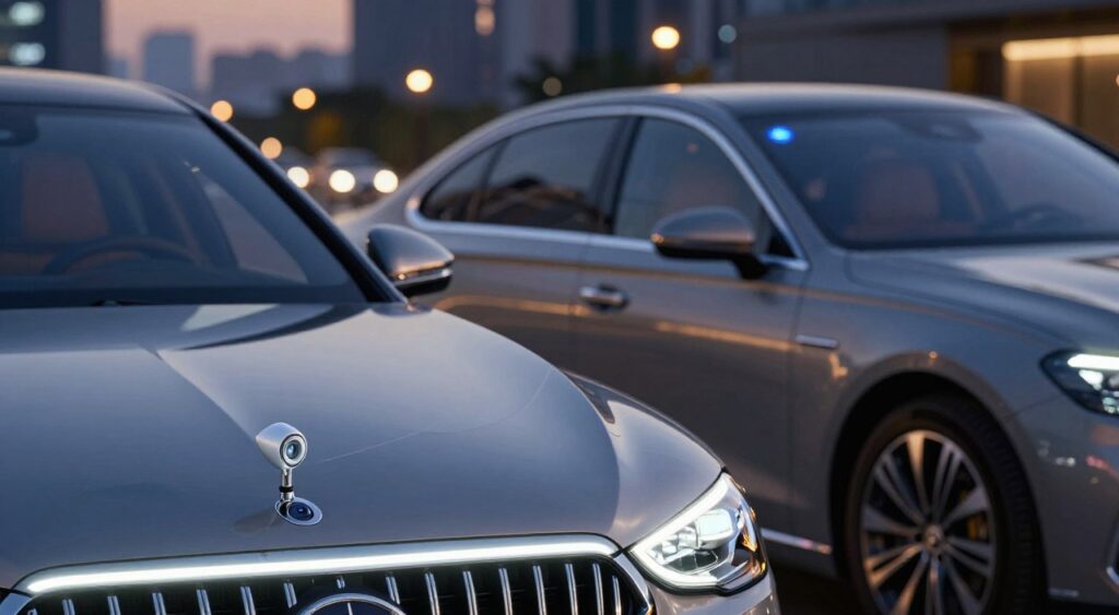 A sleek luxury car, showcasing its advanced safety features in a modern urban environment. In the foreground, focus on a detailed view of the car's front view, highlighting the adaptive cruise control sensor and high-definition camera integrated into the grille. In the middle, show the car’s side profile, emphasizing features like reinforced safety glass and smart airbags. In the background, capture a soft-focus cityscape with glowing street lights to create a dynamic atmosphere, enhancing the sense of cutting-edge technology. Use a dusk setting with ambient lighting that subtly highlights the car's metallic finish and chrome accents. The overall mood should evoke sophistication and confidence in automotive safety technology.