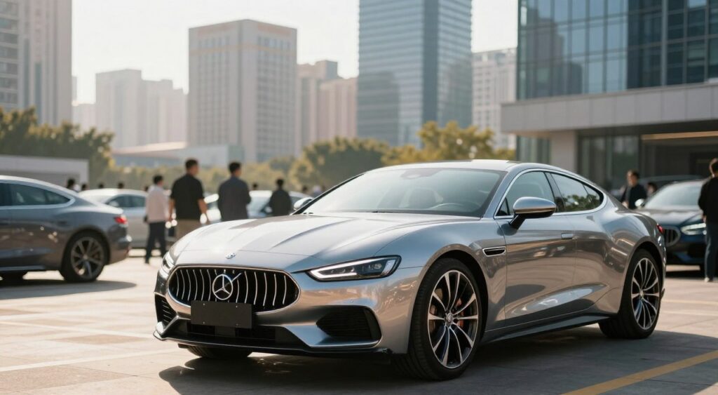 A sleek luxury car, with a polished metallic exterior glistening under bright sunlight, parked prominently in the foreground. The car's design showcases elegant curves and a sophisticated grille, symbolizing high value. In the middle ground, blurred outlines of a bustling urban environment hint at potential buyers and a thriving vehicle market. The background features a modern skyline with tall glass buildings, suggesting an affluent setting. The scene is illuminated by warm, natural lighting, creating an inviting atmosphere that conveys a sense of upscale lifestyle. Capture this from a slightly elevated angle to emphasize the car's grandeur while giving a panoramic view of the dynamic city around it, evoking a feeling of aspiration and success.
