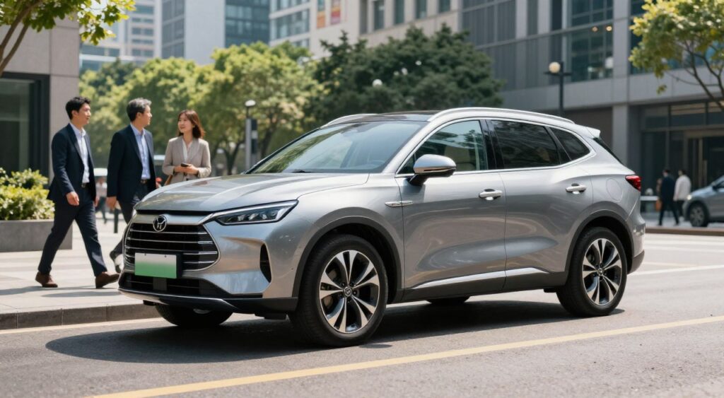 A sleek, modern all-wheel drive SUV parked on a sunlit city street, showcasing its robust design and elegant curves. In the foreground, the SUV is prominently displayed with its shiny metallic finish reflecting the sunlight. In the middle ground, a few pedestrians in professional business attire pass by, some glancing at the SUV, evoking a sense of interest and aspiration. The background features a vibrant cityscape with contemporary buildings and lush greenery, hinting at urban adventure. The lighting is bright and inviting, casting soft shadows that accentuate the SUV's features. The photo is taken from a low angle to emphasize the SUV's stature and capability, creating a mood of excitement and opportunity for potential buyers. A sleek, modern all-wheel drive SUV parked on a sunlit city street, showcasing its robust design and elegant curves. In the foreground, the SUV is prominently displayed with its shiny metallic finish reflecting the sunlight. In the middle ground, a few pedestrians in professional business attire pass by, some glancing at the SUV, evoking a sense of interest and aspiration. The background features a vibrant cityscape with contemporary buildings and lush greenery, hinting at urban adventure. The lighting is bright and inviting, casting soft shadows that accentuate the SUV's features. The photo is taken from a low angle to emphasize the SUV's stature and capability, creating a mood of excitement and opportunity for potential buyers.
