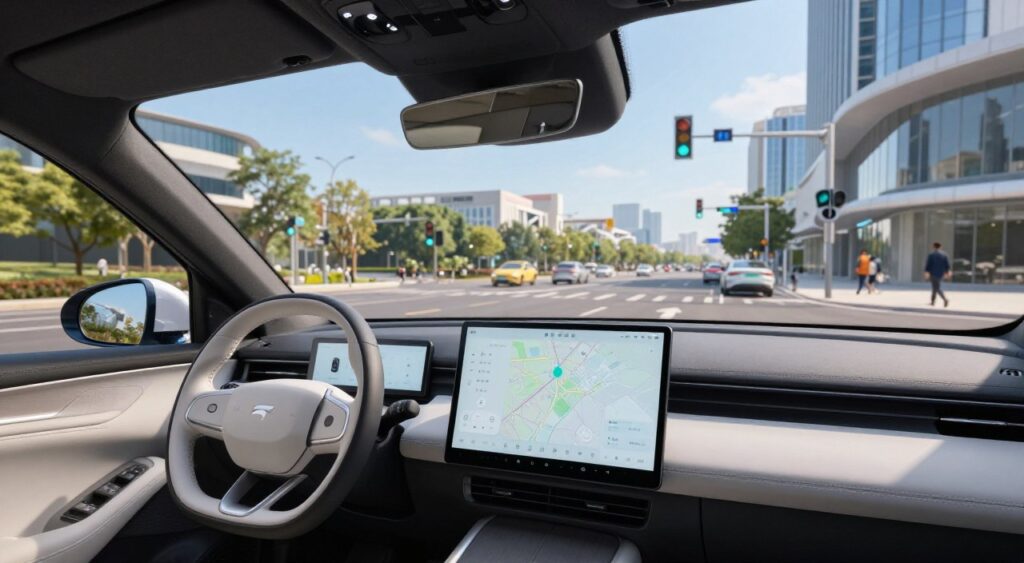 A sleek, modern car equipped with advanced autonomous driving features, positioned prominently in the foreground. The vehicle's dashboard displays a high-tech interface with digital maps and live data. In the middle-ground, a dynamic urban landscape is visible, showcasing smart traffic signals and pedestrians, reflecting a bustling city life. The background features futuristic buildings and a clear blue sky, enhancing the modern atmosphere. The image is lit with bright daylight, casting soft shadows, creating an inviting, optimistic mood. A wide-angle lens captures the scene from a slightly elevated perspective, emphasizing both the car and its surroundings, illustrating the integration of technology into everyday life. The overall aesthetic exudes innovation and forward-thinking automotive design.