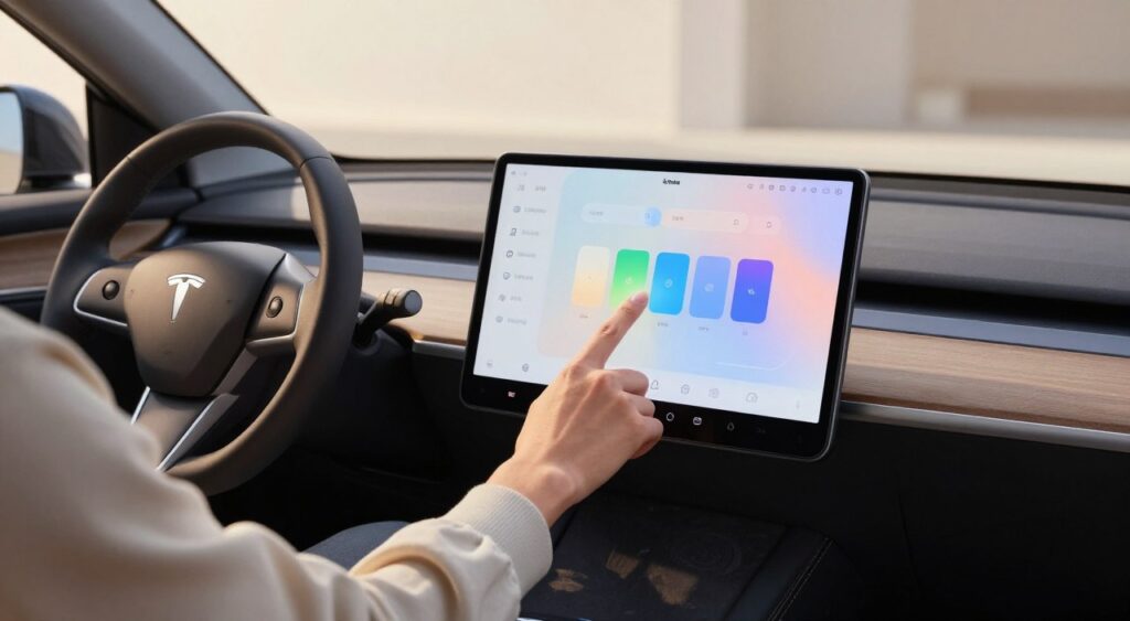 A sleek, modern car interior showcasing an advanced infotainment system screen, displaying a software update interface in a vibrant, user-friendly design. In the foreground, a driver in smart casual attire interacts with the touchscreen, with fingers poised to tap on the update button. The middle ground highlights the infotainment system, emphasizing the update progress bar with animated visuals indicating data transfer. The background features a softly blurred car dashboard and ambient lighting, creating a warm and inviting atmosphere. Soft, diffused natural light streams through the car windows, enhancing the high-tech feel. The image captures a sense of anticipation and modernity, reflecting the importance of maintaining and updating technology for an optimal driving experience.