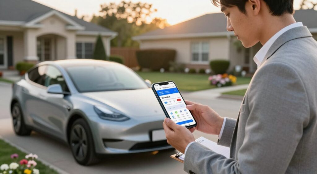 A sleek modern car parked in a cozy suburban driveway during golden hour, showcasing its elegant lines and shiny exterior. In the foreground, a smartphone displaying a webpage with car recall information, featuring clear icons, vivid colors, and organized sections. The middle ground includes a friendly and professional-looking person in business attire, intently examining the smartphone while taking notes on a clipboard, conveying a sense of responsibility and diligence. The background features a well-maintained yard with blooming flowers and trees, emphasizing a peaceful home environment. The overall mood is informative and reassuring, with warm lighting creating an inviting atmosphere that encourages vigilance and safety in car ownership.