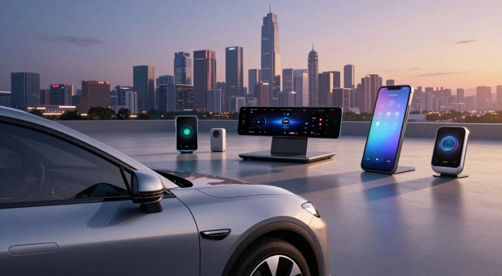 A sleek, modern car showcasing the latest automotive technology trends in the foreground, with its streamlined silhouette reflecting advanced engineering. In the middle ground, various gadgets and features like a digital dashboard, autonomous driving systems, and eco-friendly components are point out, while a dynamic urban skyline represents the backdrop. The scene is illuminated by soft, ambient lighting to create a futuristic and inviting atmosphere, with a slight lens flare to emphasize innovation. Utilize a wide-angle perspective to capture the full depth of the environment, ensuring the mood is inspiring and forward-looking. The color palette should include metallic tones with splashes of vibrant colors to enhance the technological theme. No text or signatures.