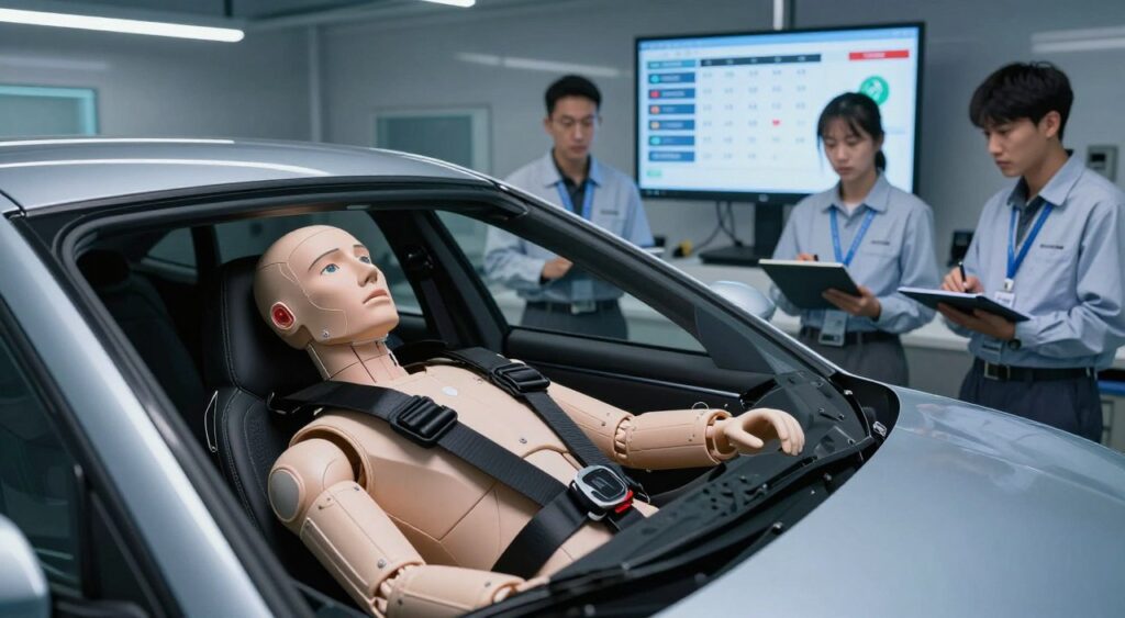 A sleek, modern car undergoing a crash test in a controlled laboratory environment. In the foreground, a crash test dummy is securely strapped into the vehicle, showcasing various safety features, with a close-up of the dummy's facial expression reflecting concern. In the middle ground, technicians in professional attire observe the testing process intently, taking notes on tablets, emphasizing their focus on safety. The background features a large monitor displaying crash test ratings and safety icons, casting a soft blue light on the scene. The atmosphere is serious and purposeful, illuminated by bright overhead lights that enhance the clinical feel of the testing facility. The angle is slightly tilted from above, offering a comprehensive view of the setup while highlighting the importance of safety in consumer decision-making.