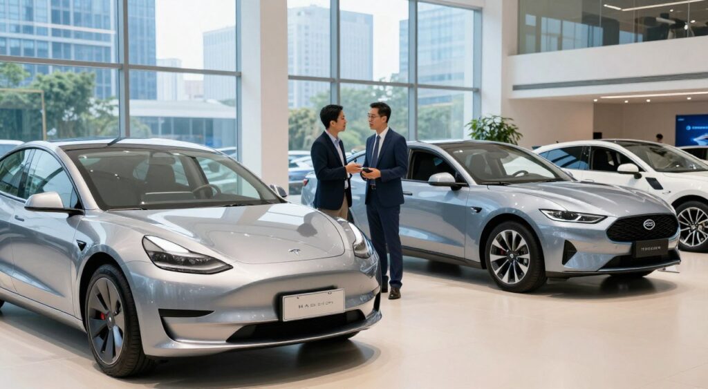 A sleek, modern electric car showroom filled with popular electric car models for 2023, including a Tesla Model 3, a Ford Mustang Mach-E, and a Nissan Leaf, displayed prominently in the foreground. The cars are polished and illuminated under soft, natural light from large glass windows, highlighting their curves and modern designs. In the middle ground, a diverse group of two professional individuals in business attire discusses vehicle features, showcasing engagement and interest. The background features an abstract, futuristic cityscape through the glass windows, symbolizing innovation and sustainability. The mood is vibrant and hopeful, reflecting an exciting future with electric vehicles, captured from a low angle to emphasize the vehicles' sleek lines and modern aesthetics. A sleek, modern electric car showroom filled with popular electric car models for 2023, including a Tesla Model 3, a Ford Mustang Mach-E, and a Nissan Leaf, displayed prominently in the foreground. The cars are polished and illuminated under soft, natural light from large glass windows, highlighting their curves and modern designs. In the middle ground, a diverse group of two professional individuals in business attire discusses vehicle features, showcasing engagement and interest. The background features an abstract, futuristic cityscape through the glass windows, symbolizing innovation and sustainability. The mood is vibrant and hopeful, reflecting an exciting future with electric vehicles, captured from a low angle to emphasize the vehicles' sleek lines and modern aesthetics.