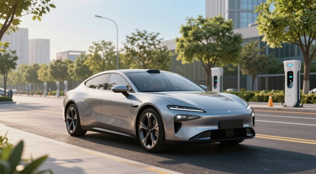 A sleek, modern electric vehicle is parked on a futuristic urban street, its dynamic lines and polished metallic surface gleaming under the soft morning light. In the foreground, the vehicle's aerodynamic shape is highlighted, showcasing its innovative design with sharp headlights and a minimalist grille. The middle ground includes a vibrant cityscape with green trees and charging stations in the background, emphasizing a sustainable future. The atmosphere is bright and optimistic, with a clear blue sky and sunlight casting soft shadows. Use a wide-angle lens to capture the full essence of the scene, creating a harmonious blend of technology and nature, symbolizing the rise of electric cars in modern transportation.