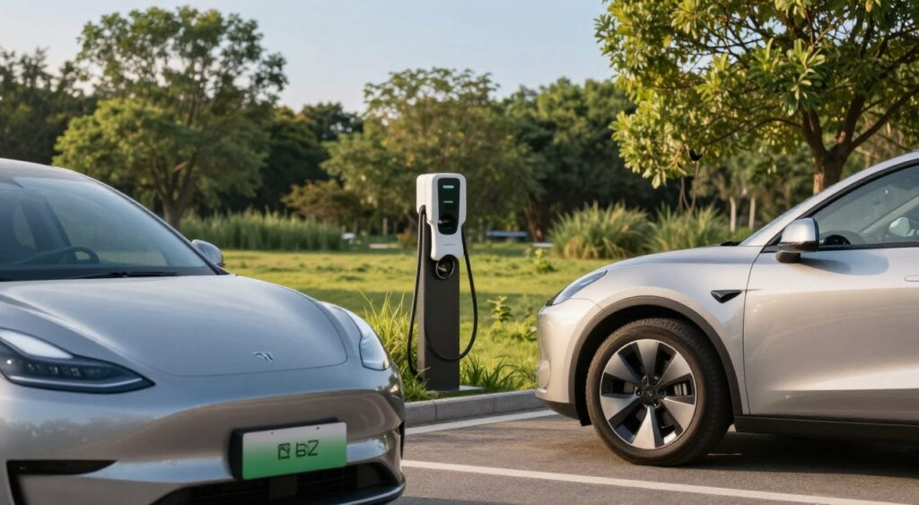 A sleek, modern electric vehicle parked in a picturesque natural setting, showcasing its eco-friendly design. In the foreground, the vehicle's shimmering exterior reflects sunlight, emphasizing its aerodynamic curves and innovative features. In the middle, a charging station stands nearby, integrated seamlessly into the landscape, with lush greenery surrounding it. The background features a tranquil park setting with trees and a clear blue sky, hinting at a sustainable future. Soft, warm lighting bathes the scene, creating an inviting and hopeful atmosphere. The angle captures the vehicle from a low perspective, accentuating its impressive design and the harmony it shares with nature. This image encapsulates the essence of eco-friendly transportation.