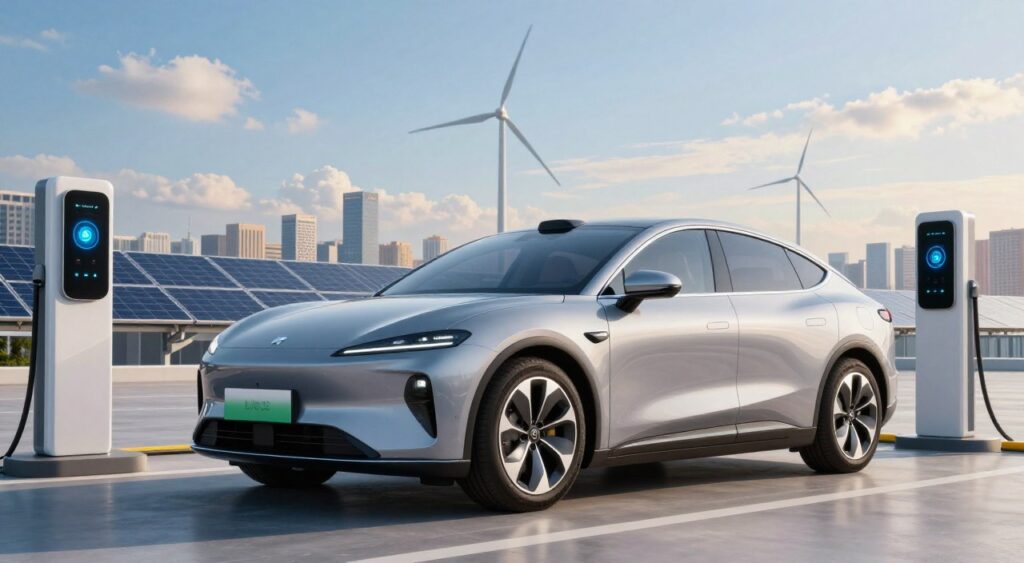 A sleek, modern electric vehicle prominently displayed in the foreground, showcasing its futuristic design with smooth lines and a glossy finish. The vehicle is parked on a high-tech charging station, with a digital interface glowing softly. In the middle ground, a vibrant cityscape with solar panels on rooftops and wind turbines in the distance, highlighting renewable energy. The background features a clear blue sky with soft, wispy clouds, suggesting a bright and sustainable future. The lighting is bright and inviting, accentuating the vehicle's dynamic curves and features, captured from a low-angle perspective to emphasize its innovative stature. The overall atmosphere conveys excitement and hope for electric vehicle technology, symbolizing progress and ecological awareness. A sleek, modern electric vehicle prominently displayed in the foreground, showcasing its futuristic design with smooth lines and a glossy finish. The vehicle is parked on a high-tech charging station, with a digital interface glowing softly. In the middle ground, a vibrant cityscape with solar panels on rooftops and wind turbines in the distance, highlighting renewable energy. The background features a clear blue sky with soft, wispy clouds, suggesting a bright and sustainable future. The lighting is bright and inviting, accentuating the vehicle's dynamic curves and features, captured from a low-angle perspective to emphasize its innovative stature. The overall atmosphere conveys excitement and hope for electric vehicle technology, symbolizing progress and ecological awareness.