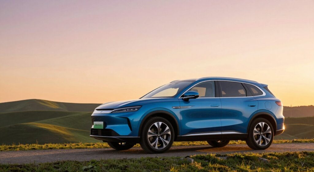 A sleek, modern fuel-efficient SUV parked on a scenic overlook, showcasing its aerodynamic design. The vehicle is painted in a vibrant metallic blue, glistening under the soft golden light of a late afternoon sun. In the foreground, the SUV's stylish alloy wheels are prominent, highlighting its sporty yet practical appearance. In the middle ground, rolling green hills stretch out, emphasizing the SUV’s capability for eco-friendly adventures. In the background, a clear sky transitions into warm hues of orange and pink, creating a serene and inviting atmosphere. Capture the image from a slight low-angle perspective to enhance the SUV's imposing stature and environmental friendliness, ensuring no distractions like people, text, or logos are present. The scene conveys a sense of freedom and exploration, perfect for illustrating fuel efficiency in the SUV segment. A sleek, modern fuel-efficient SUV parked on a scenic overlook, showcasing its aerodynamic design. The vehicle is painted in a vibrant metallic blue, glistening under the soft golden light of a late afternoon sun. In the foreground, the SUV's stylish alloy wheels are prominent, highlighting its sporty yet practical appearance. In the middle ground, rolling green hills stretch out, emphasizing the SUV’s capability for eco-friendly adventures. In the background, a clear sky transitions into warm hues of orange and pink, creating a serene and inviting atmosphere. Capture the image from a slight low-angle perspective to enhance the SUV's imposing stature and environmental friendliness, ensuring no distractions like people, text, or logos are present. The scene conveys a sense of freedom and exploration, perfect for illustrating fuel efficiency in the SUV segment.