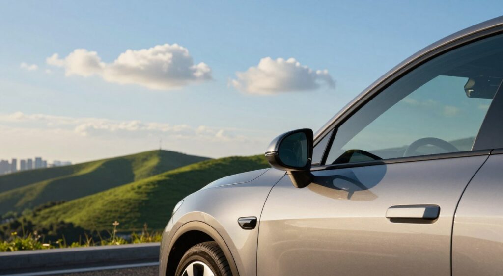 A sleek, modern fuel-efficient car parked at a scenic overlook, showcasing its aerodynamic design. In the foreground, focus on the car's shiny, streamlined body reflecting soft sunlight. In the middle ground, vibrant green hills gently roll under a clear blue sky, symbolizing eco-friendliness. Fluffy white clouds float lazily above, adding to the peaceful atmosphere. A hint of a city skyline can be seen in the distance, emphasizing urban fuel efficiency. The lighting is warm and inviting, enhancing the car's features. Capture the scene from a slightly low angle to convey a sense of innovation and aspiration, while maintaining a professional tone. A sleek, modern fuel-efficient car parked at a scenic overlook, showcasing its aerodynamic design. In the foreground, focus on the car's shiny, streamlined body reflecting soft sunlight. In the middle ground, vibrant green hills gently roll under a clear blue sky, symbolizing eco-friendliness. Fluffy white clouds float lazily above, adding to the peaceful atmosphere. A hint of a city skyline can be seen in the distance, emphasizing urban fuel efficiency. The lighting is warm and inviting, enhancing the car's features. Capture the scene from a slightly low angle to convey a sense of innovation and aspiration, while maintaining a professional tone.