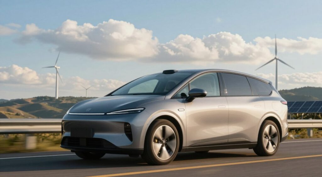 A sleek, modern fuel-efficient vehicle is prominently displayed in the foreground, showcasing its aerodynamic design with smooth curves and efficient contours. The car is parked on a scenic highway, with rolling hills and a clear blue sky in the background, highlighting the peaceful and eco-friendly atmosphere. Sunlight filters through fluffy white clouds, casting soft shadows that enhance the vehicle's sleek lines. In the middle ground, subtle hints of wind turbines and solar panels provide context to renewable energy sources. The image captures a sense of innovation and sustainability, evoking a mood of optimism and forward-thinking. The angle is slightly elevated, creating a dynamic perspective that emphasizes the car's efficiency and modernity. No people are included in the scene, ensuring a focus on the vehicle itself. A sleek, modern fuel-efficient vehicle is prominently displayed in the foreground, showcasing its aerodynamic design with smooth curves and efficient contours. The car is parked on a scenic highway, with rolling hills and a clear blue sky in the background, highlighting the peaceful and eco-friendly atmosphere. Sunlight filters through fluffy white clouds, casting soft shadows that enhance the vehicle's sleek lines. In the middle ground, subtle hints of wind turbines and solar panels provide context to renewable energy sources. The image captures a sense of innovation and sustainability, evoking a mood of optimism and forward-thinking. The angle is slightly elevated, creating a dynamic perspective that emphasizes the car's efficiency and modernity. No people are included in the scene, ensuring a focus on the vehicle itself.