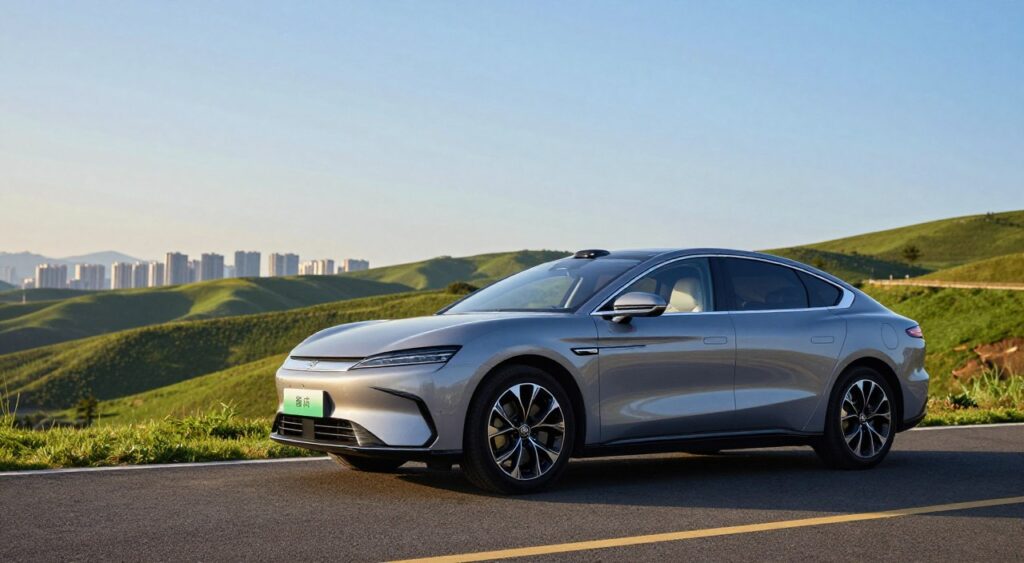 A sleek, modern hybrid car is parked on a scenic route, showcasing its aerodynamic design and energy-efficient features. In the foreground, highlight the car’s alloy wheels and eco-friendly badge prominently. The middle ground features a lush green landscape, symbolizing sustainability, with rolling hills and a clear blue sky, suggesting a harmonious relationship with nature. In the background, distant city skylines offer a glimpse of urban life, showcasing the car's adaptability for both city and nature. The scene is illuminated by warm, soft sunlight, creating a welcoming atmosphere. Capture the image from a slightly low angle to emphasize the car's innovative design, evoking a sense of progress and the benefits of driving a hybrid vehicle. A sleek, modern hybrid car is parked on a scenic route, showcasing its aerodynamic design and energy-efficient features. In the foreground, highlight the car’s alloy wheels and eco-friendly badge prominently. The middle ground features a lush green landscape, symbolizing sustainability, with rolling hills and a clear blue sky, suggesting a harmonious relationship with nature. In the background, distant city skylines offer a glimpse of urban life, showcasing the car's adaptability for both city and nature. The scene is illuminated by warm, soft sunlight, creating a welcoming atmosphere. Capture the image from a slightly low angle to emphasize the car's innovative design, evoking a sense of progress and the benefits of driving a hybrid vehicle.