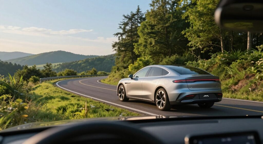 A sleek, modern hybrid car parked on a scenic, winding road that cuts through a lush green forest. In the foreground, a close-up view of the car's fuel gauge shows a low consumption reading, symbolizing fuel efficiency. In the middle, the car's aerodynamic design glimmers under the soft golden hour light, accentuating its high-tech features. The background features a picturesque landscape with rolling hills and clear blue skies, suggesting freedom and environmental harmony. The atmosphere is serene and optimistic, encouraging viewers to consider sustainable transportation options. Use a wide-angle lens to capture both the car and the expansive natural setting, ensuring a bright and inviting color palette throughout the image.
