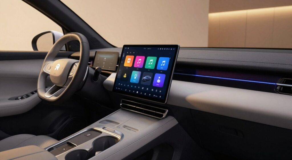 A sleek, modern interactive dashboard displayed prominently in a high-tech vehicle interior. The foreground features a user-friendly touchscreen interface, showcasing vibrant, colorful icons for navigation, music, and vehicle performance metrics. In the middle distance, the dashboard's smooth, futuristic curves seamlessly blend with the high-quality leather upholstery of the car's cabin. The background includes ambient lighting that complements the dashboard's glowing displays, creating a cozy yet cutting-edge atmosphere. The image is captured with a slight upward angle, emphasizing the dashboard while showcasing the overall luxurious environment. Soft, diffused lighting enhances the sophisticated feel, inviting users to engage with the interface effortlessly. The overall mood conveys a sense of innovation, comfort, and enhanced user experience in driving.