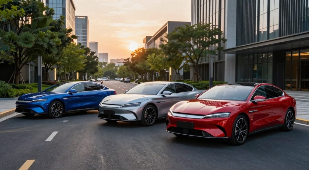 A sleek, modern lineup of the top sedans of 2023 displayed in a sophisticated urban setting. In the foreground, focus on three luxury sedans in vibrant colors—deep blue, metallic silver, and bold red—parked prominently. The middle ground features a well-maintained city street lined with lush greenery and contemporary architecture. A gentle sunset casts warm, golden light, enhancing the sleek curves and chrome accents of the cars. Use a wide-angle lens to capture an expansive view while maintaining sharp details on the vehicles. The overall atmosphere is polished and aspirational, suggesting success and modernity, inviting the viewer to envision driving their dream car. No text or watermarks present, just the serene allure of the top sedans against a chic backdrop.